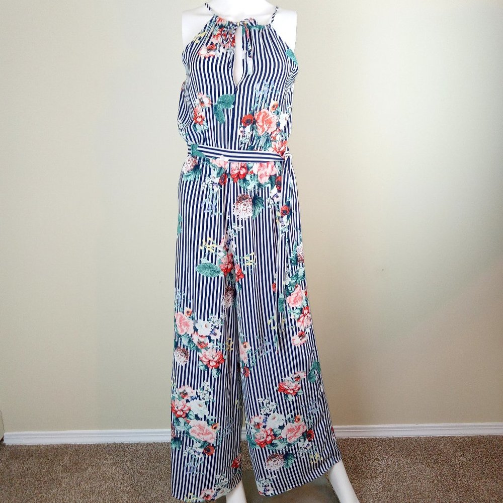 My Michelle Women's One Piece Jumpsuit Size Small Navy White Striped Floral Belt